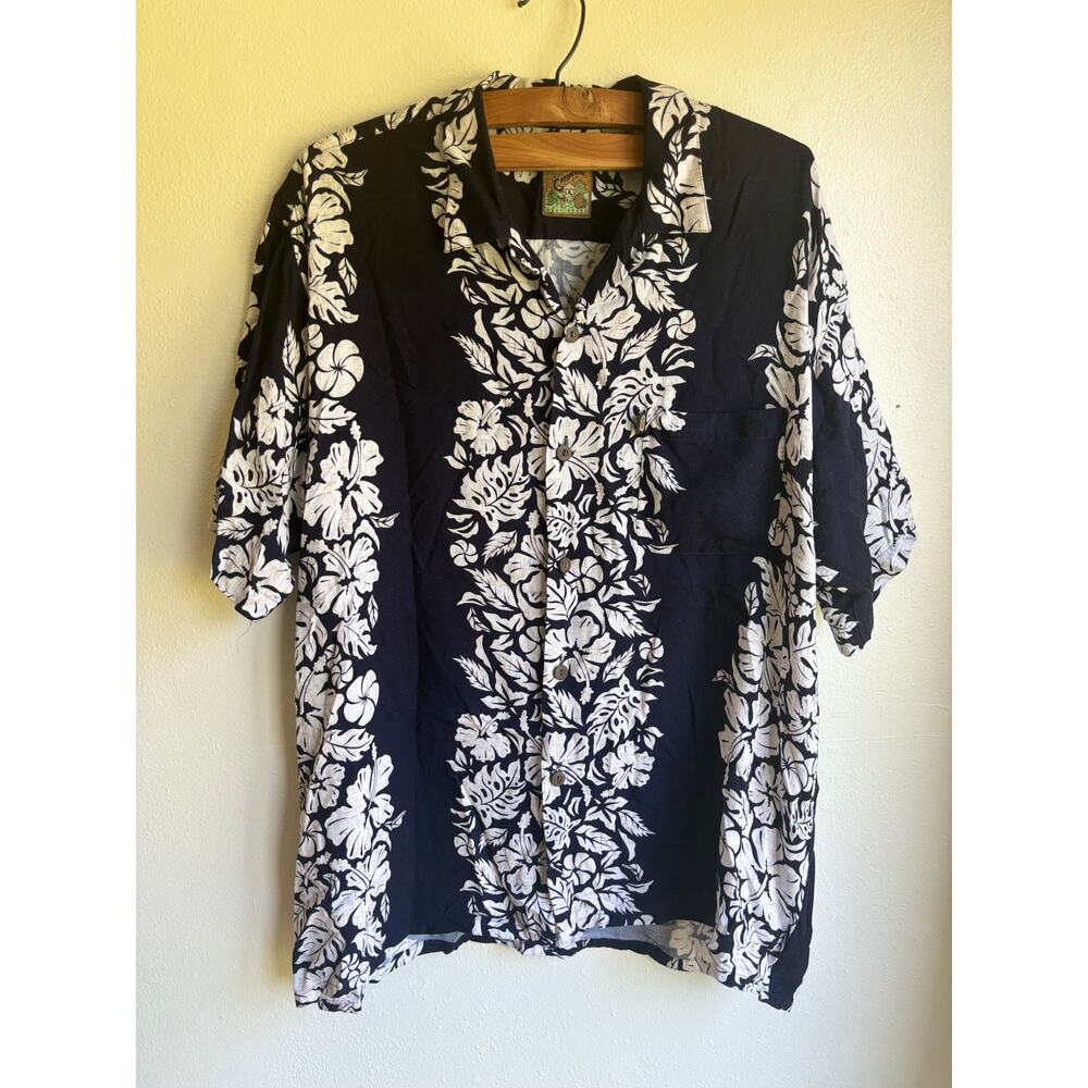 Pineapple Connection Mens Hawaiian Shirt Floral Short‎ Sleeve Blue White Size L